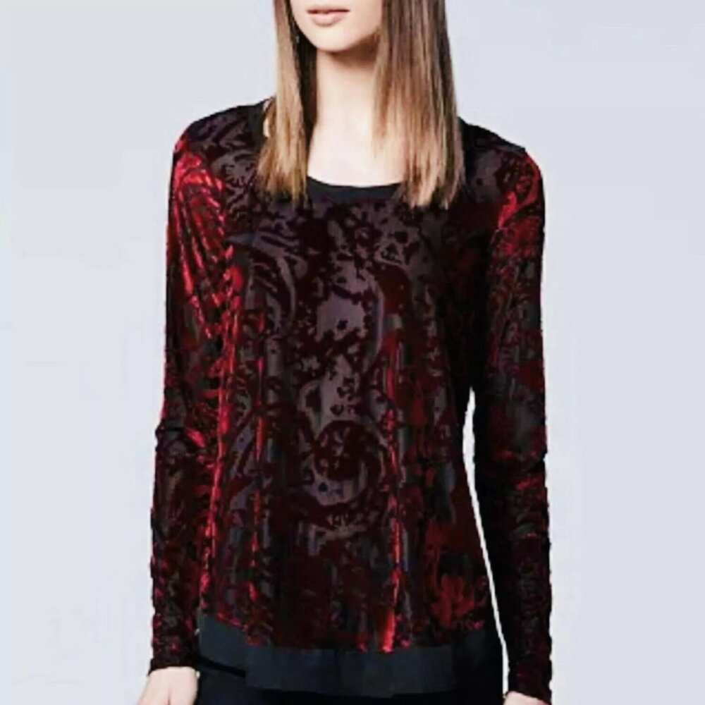 Simply Vera Wang Sz L Red Burnout Velvet Top Sheer Tunic Whimsy Goth